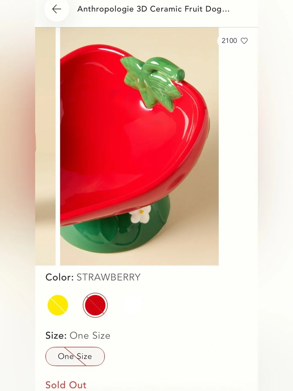 Anthropologie Strawberry-Shaped Ceramic Pet Bowl